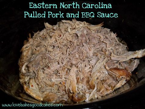 Love Bakes Good Cakes: Eastern NC Pork and BBQ Sauce.  This is what the other halp of my pork loin is doing! Pulled Pork Smoker Recipes, Smoked Pulled Pork Recipe, Carolina Pulled Pork, Traeger Grill Recipes, Easy Pulled Pork, Pellet Grill Recipes, Traeger Recipes, Smoked Pulled Pork, Pulled Pork Recipes