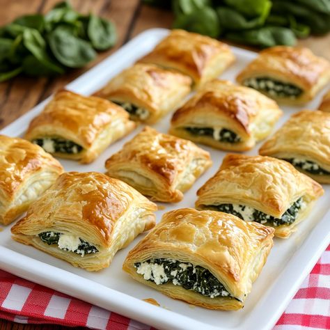 This Spinach and Ricotta Cheese Puff Pastry appetizer is an easy, crowd-pleasing recipe. Made with fresh spinach, ricotta, and Parmesan cheese, wrapped in golden, flaky puff pastry, it’s a savory bite perfect for any gathering. Serve warm for a delicious snack or appetizer. Puff Pastry Sausage Bites, Puff Pastry Ricotta Recipes, Spinach Pastry Recipes, Ricotta Puff Pastry Recipes, Spanikota Puff Pastry, Puff Pastry Spinach Recipes, Puff Pastry Cheese Appetizers, Spinach And Ricotta Rolls, Spinach Ricotta Puff Pastry