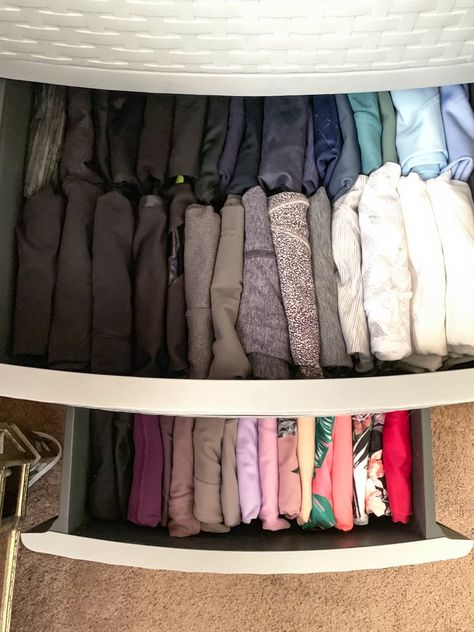 I KonMari-ed My Workout Clothes, and Now My Beloved Sneakers Bring Me Even More Joy Workout Drawer Organization, Legging Drawer Organization, Gym Clothes Organization, Fold Leggings, Clothes Shelves, Workout Clothes Cheap, Clothes Drawer, Konmari Method, Pant Hangers