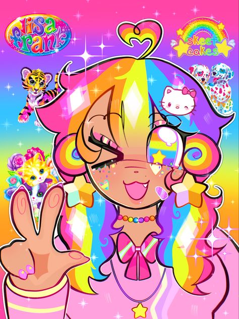 Vibrant Art Style, Kawaii Art Aesthetic, Kidcore Oc, Decora Art, Rainbow Doodle, Persona 1, Bright Colors Art, Kidcore Art, Nostalgia Art