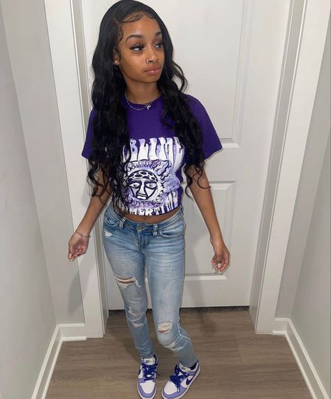 Black And Purple 12s Outfit, Purple 12s Jordans Outfit, Denim 1s Outfit, Championship Purple Dunks Outfit, Blueberry Dunks Outfits, Purple Dunks Outfit Black Women, Purple Dunks Outfit, Purple Jordans, Outfit Ideas With Jordans