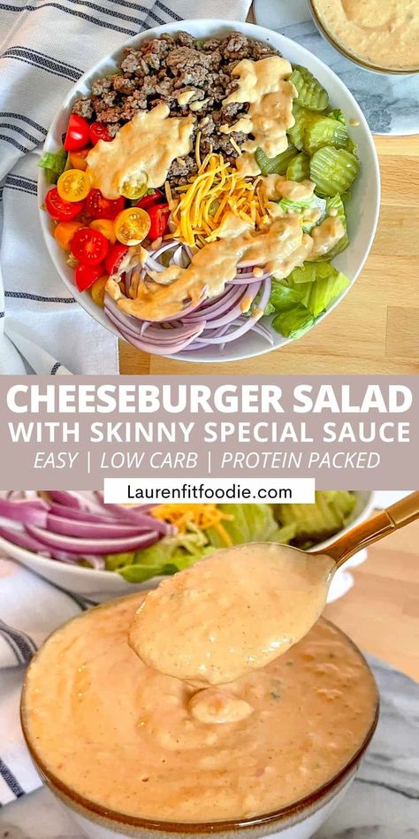 This Cheeseburger Salad packs the heartiness of a big, juicy cheeseburger without the bun. Throw in your favorite burger toppings and drizzle your favorite sauce (or my Skinny Special Sauce!) for a delicious, flavor-packed, low-carb meal! Cheeseburger Salad, The Boiled Egg Diet, Burger Salad, Low Carb Burger, Healthy Burger, Egg Diet Plan, Low Carb Low Fat Recipes, Big Juicy, Macro Friendly Recipes