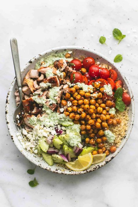 Greek Chicken Power Bowls - Creme De La Crumb Healthy Girl Recipes, Chicken Power Bowl Recipe, Greek Buddha Bowl, Chicken Power Bowls, Chicken Buddha Bowl, Tzatziki Dressing, Adult Lunchables, Superfood Bowl, Braised Chicken Breast