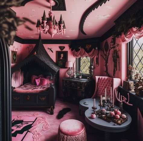 Pink Goth Room, Diy Gothic, Goth Room, Goth Houses, Goth Bedroom, Gothic Bedroom, Pink Goth, Dark Decor, Odd Things