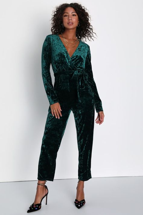 Velvet Jumpsuit Outfit, Glamorous Jumpsuit, Pantsuit Outfit, Emerald Jumpsuit, Velvet Pantsuit, Fancy Jumpsuit, Winter Jumpsuit, Gathered Bodice, Velvet Jumpsuit