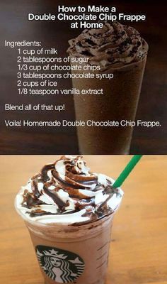 Double Chocolate Chip Frappe, Homemade Starbucks Drinks, Frappe At Home, Chocolate Chip Frappe, Resep Starbuck, Minuman Starbucks, Homemade Starbucks, Starbucks Drinks Diy, Frappe Recipe