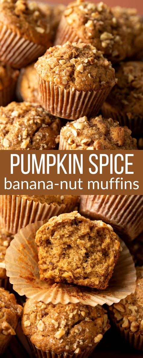 banana nut muffins with pumpkin and walnuts Pumpkin Spice Banana Muffins, Pumpkin Banana Nut Muffins, Banana Pumpkin Cupcakes, Sourdough Banana Pumpkin Muffins, Fall Banana Muffins, Banana Nut Muffins Bakery Style, Banana Spice Muffins, Pumpkin Nut Muffins, Pumpkin Date Muffins