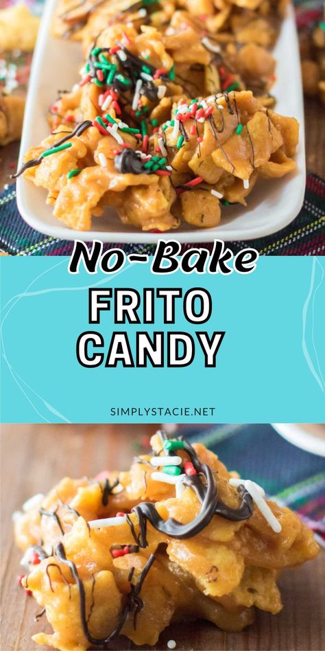 Two image collage of frito candy. First image is the candy on a platter. Second image is a candy on a wood board. Frito Candy, Salty Sweet Snacks, Christmas Sweet Treats, Peanut Butter Bites, Peanut Butter Snacks, Peanut Butter Candy, Salty Treats, Candy Recipe, Candy Recipes Homemade