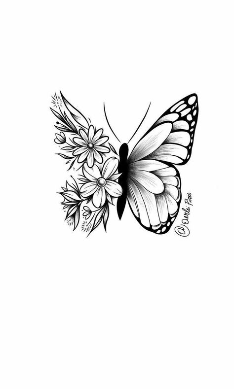 Butterfly Arm Tattoo Placement, Butterfly Tattoo Half Flowers, Butterfly With Flowers Drawing, 2 Butterflies Tattoo, Half Butterfly Half Flower Tattoo, Tropisches Tattoo, Half Butterfly Tattoo, Tattoo Papillon, Butterfly With Flowers