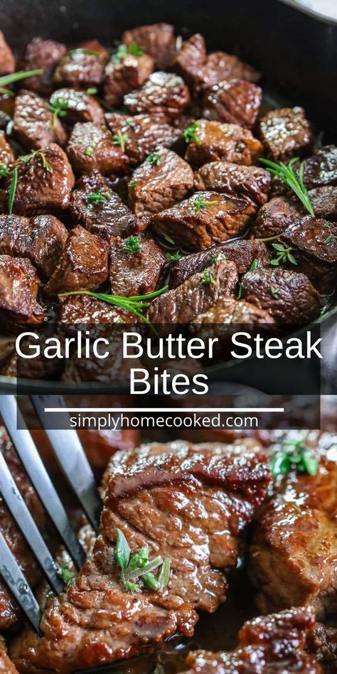 These Garlic Butter Steak Bites are full of flavor and incredibly savory. With a delicious cast-iron crust and cooked to perfection, these steak tips are going to be a hit at your dinner table. Steak Bites With Garlic Butter, Nutritional Recipes, Beef Chorizo, Garlic Butter Steak Bites, Butter Steak Bites, Beef Casseroles, Steak Bites Recipe, Steak Tips, Butter Steak