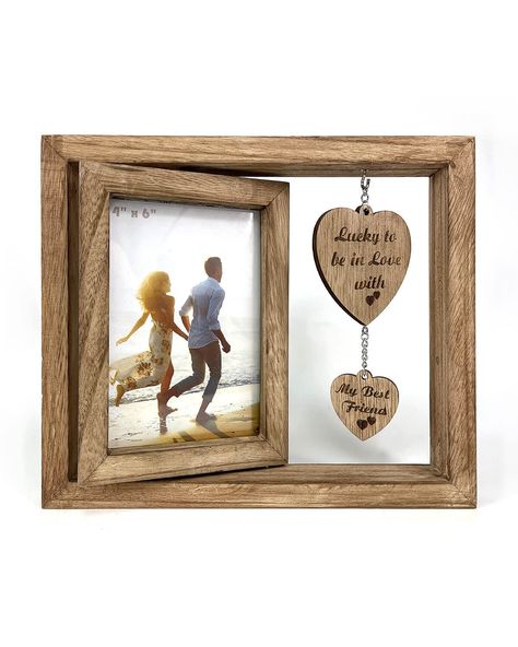 PRICES MAY VARY. Measuring 10.23"L X 1.18"W X 9.05"D, this wooden picture frame is perfect for a 4 x 6 photograph, crafted from torched wood, making it lightweight yet firm. Double glass fronts will protect your photo well and have high transparency; you can also showcase your artwork with this cute frame, which comes with a soft plug to prevent the glass from slipping out. A double-sided rotating picture frame can display two pictures vertically, making it perfect for portrait use. It is design Romantic Engagement Pictures, Graduation Gifts For Girlfriend, Engagement Picture Frame, Gifts For Him Anniversary, Torched Wood, Birthday Gifts For Him, Romantic Signs, Wooden Picture Frame, Diy Photo Frames