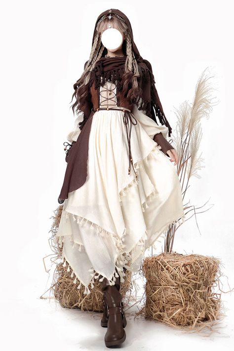 Wandering Outfit, Fantasy Dress Ideas, Fantasy Fashion Outfits, White Clothing Aesthetic, Traveller Outfit, Travelers Outfit, Candle Dress, Brown Dress Aesthetic, Casual Fantasy Clothing