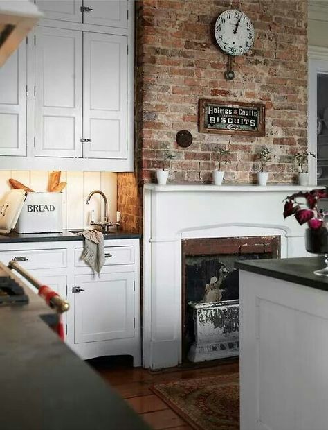 Love the exposed brick & fireplace Exposed Brick Fireplaces, Kitchen With Fireplace, Farmhouse Fireplace, Kitchen Fireplace, Hemnes, Brick Design, Kitchen Design Decor, Trendy Kitchen, Brick Fireplace