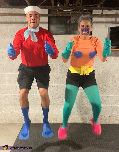 Mermaid Man and Barnacle Boy - 2019 Halloween Costume Contest Barnical Boy Spongebob Costume, Mermaid Man And Barnacle Boy Couple, Mermaid Man And Barnacle Boy Costume Couple, Mermaid Man And Barnacle Boy Costume Diy, Merman And Barnacle Boy, Male Duo Halloween Costumes, Men Customes Halloween, Duo Halloween Costumes Boy And Girl, Mermaid Man And Barnacle Boy Costume