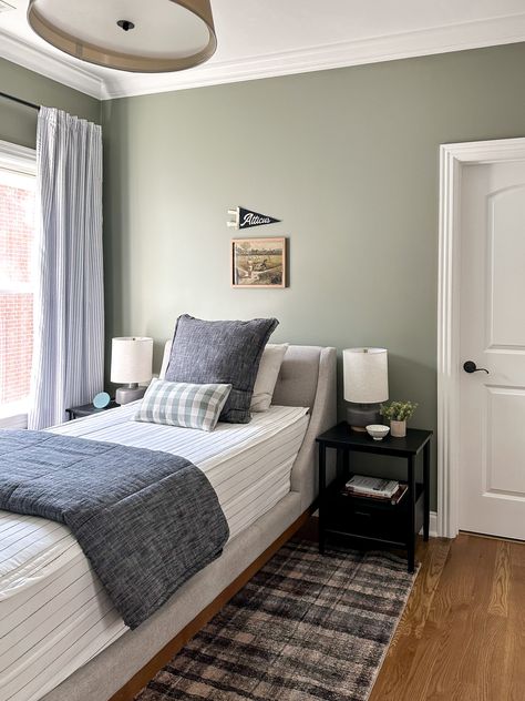 Boys Bedroom Makeover Green Walls Boys Bedroom, Blue Boys Bedroom Paint, Boys Room Green Accent Wall, Toddler Boy Room Paint Colors, Boys Room Color Palette, Sage Green Boys Room, Paint Boys Room, Teen Boy Bedroom Green, Boy Room Paint Colors