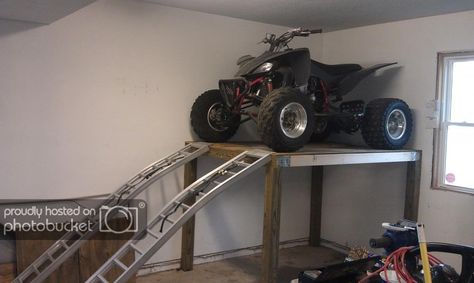 ATV Shelf - Storage - Space issue solved (PICS!) - Yamaha Raptor Forum Atv Storage, Atv Implements, Shed Diy, Big Garage, Diy Storage Rack, Storage Shed Organization, Garage Tool Organization, Four Wheeler, Shed Organization