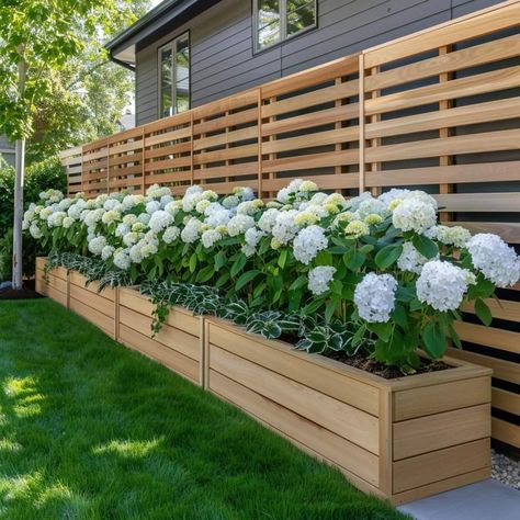 Cottage Garden Bbq Area, Hydrangea Backyard, Garden On Patio, Raised Flower Beds Along Fence, Raised Flowerbed, Small Space Landscaping, Front Yard Transformation, Diy Home Garden, Courtyard Gardens Design