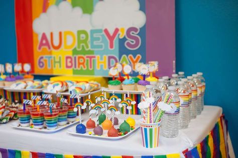 Colorful Rainbow Birthday Dessert Table | CatchMyParty.com Rainbow Dessert Table, Rainbow Birthday Party Ideas, Rainbow Desserts, Candy Rainbow, Dessert Table Birthday, Birthday Dessert, Rainbow Theme Party, Rainbow Photo, Rainbow Birthday Party