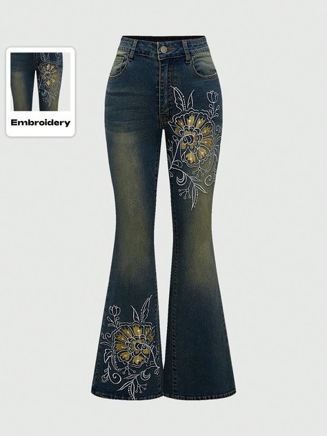 ROMWE Hippie Vintage Hippie Flower Cluster Embroidery Bell Bottom Jeans, SchoolI discovered amazing products on SHEIN.com, come check them out! Flare Jeans Hippie, Embroidered Flared Jeans, Baddie Wishlist, Bell Bottom Pants Pattern, Bellbottom Jean, Bell Bottoms Jeans, Bellbottom Pants, 70s Jeans, Hippie Jeans