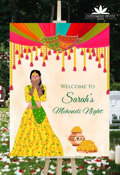 Henna Welcome Sign Mehndi Night Welcome Signage With Umbrella - Etsy India Mehendi Poster Background, Welcome To Mehendi Board, Mehendi Night Invitation, Mehndi Sign Board, Mehandi Welcome Board, Mehndi Night Decoration, Mehendi Invitation Card Background, Mehendi Invitation Card Template, Mendi Night