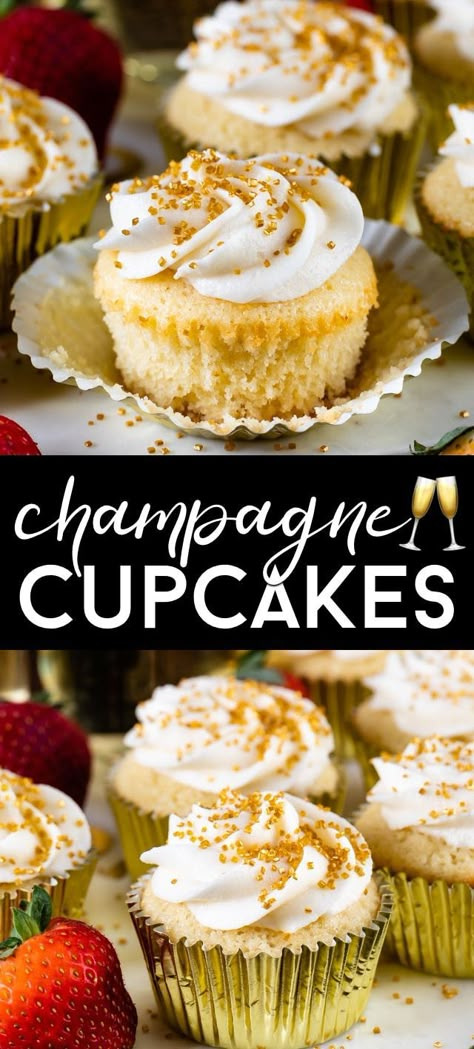 Make Champagne Cupcakes for a celebration! These homemade white cupcakes are filled with champagne and topped with a champagne frosting. They're an easy cupcake recipe perfect for a party, Valentine's Day or a NYE dessert! Lemon Champagne Cupcakes, Champagne Cupcakes From Scratch, Prosecco Cupcakes, Champagne Frosting, Nye Desserts, Champagne Cupcake Recipes, Celebration Cupcakes, Valentine Dessert Ideas, Champagne Buttercream