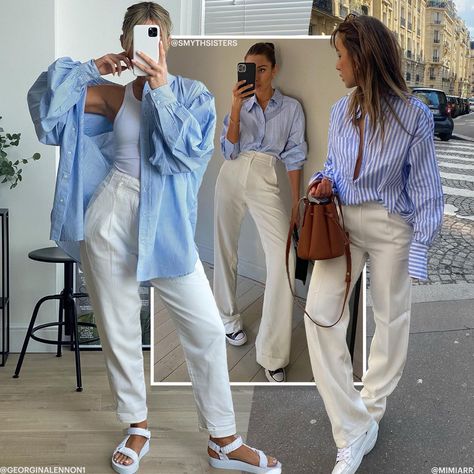 Oversized Blue Dress Shirt Outfit, Women’s Blue Shirt Outfit, White Trousers Blue Shirt, Stripe Shirts Women Outfit, Oversized Blue And White Striped Shirt, Style Blue Button Down, Womens Blue Shirt Outfit, Blue And White Work Outfit, Styling A Blue Shirt