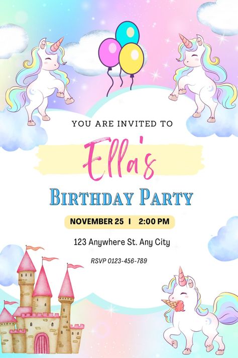 Magical Unicorn Party theme | Unicorn Birthday | Girl Birthday Party Theme | Rainbow Birthday Unicorn Party Theme, Magical Unicorn Birthday Party, Printable Unicorn Birthday, Rainbow Themed Birthday Party, Happy Birthday Floral, Unicorn Party Invites, Unicorn Birthday Cards, Unicorn Birthday Invitation, Unicorn Birthday Party Invitation