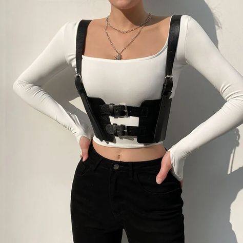 BrickBlack Faux Leather Body Harness | YesStyle Ondreaz Lopez, Basic Crop Tops, Girl Punk, Leather Corset, Body Harness, Summer Crop Tops, Black Corset, Cropped Tops, Fashion Pattern