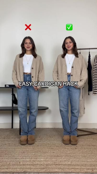 Bo Brown op TikTok Cardigan Hacks, Cropped Cardigan Outfit, How To Style A Cardigan, Crop Cardigan Outfit, Sweater Hacks, Nyttige Tips, Open Back Sweater, Diy Clothes Hacks, Smart Casual Women