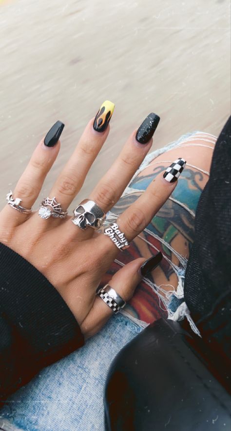 Biker Chic Nails, Get X Nails, Skateboard Nails, Motorsport Nails, Daytona 500 Nails, Sturgis Nails, Harley Davidson Nails Ideas, Drag Racing Nails, Nail Ideas Flames