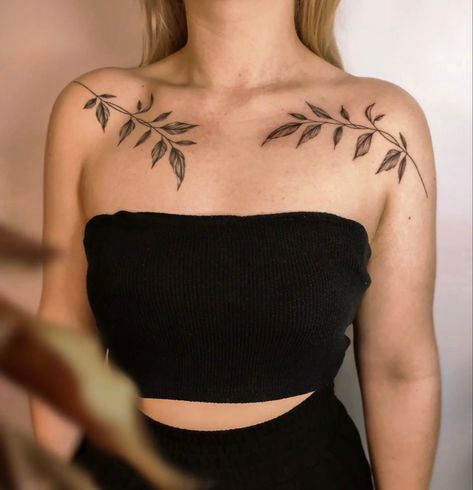 Vine Collar Bone Tattoos For Women, Earthy Collarbone Tattoos, Ivy Vine Collar Bone Tattoo, Chest Vine Tattoo Female, Vines Chest Tattoo Female, Shoulder And Collarbone Tattoo, Matching Shoulder Tattoos For Women, Pisces Zodiac Tattoo For Women, Olive Branch Tattoo Upper Arm