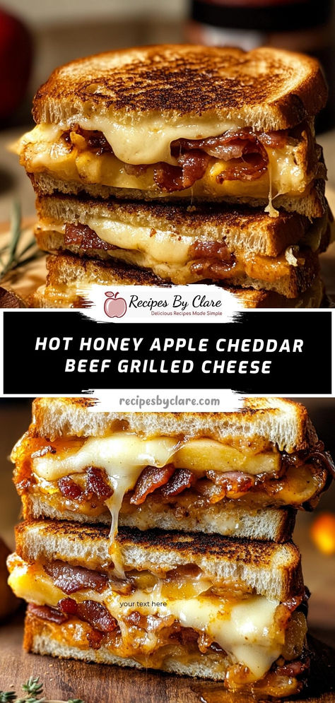 Experience the delightful combination of sweet and savory in this Hot Honey Apple Cheddar Beef Grilled Cheese. With layers of juicy beef, crisp apples, and melted cheddar, it's the ultimate comfort food with a twist.  Ingredients:  2 tablespoons unsalted butter 1 small apple, thinly sliced 2 tablespoons honey 1 tablespoon Dijon mustard (optional) Every bite is a perfect blend of flavors, making this sandwich an unforgettable treat! Cheddar Apple Sandwich, Cheese Curd Burger, Friendly's Honey Bbq Chicken Melt, Peanut Butter Grilled Cheese, Apple Butter Sandwich, Hot Honey Bacon Grilled Cheese, Turkey Grilled Cheese Sandwich, Hot Honey Grilled Cheese, Sweet Grilled Cheese