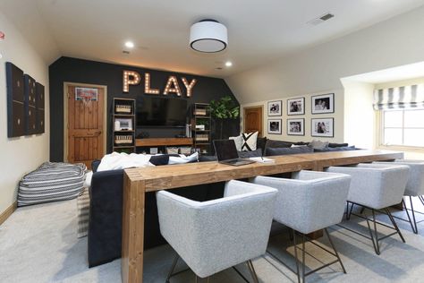 Bedroom Into Game Room, Basement Living Ideas, Basement Remodel Tv Wall, Modern Farmhouse Rec Room, Playroom Theatre Room Combo, Basement Screening Room, Kids Small Game Room, Basement Living And Playroom, Finished Basement Game Room Ideas