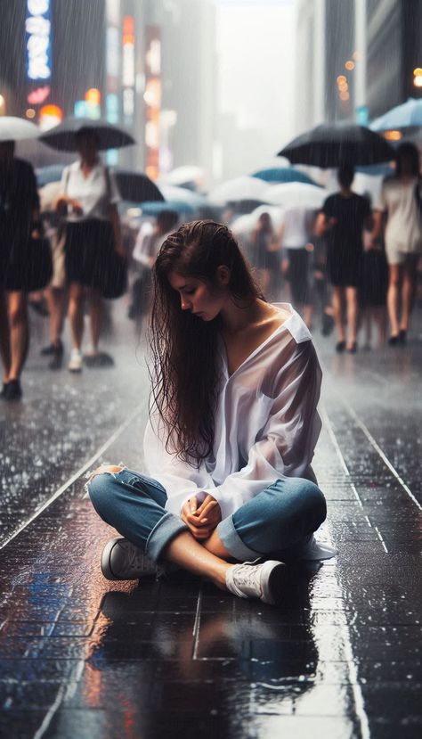 Rainy Day Portrait Photography, Rainy City Photoshoot, Rainy Day Photoshoot, Rain Shoot, Rainy Photoshoot, Seated Poses, Rain Song, Street Fashion Photoshoot, Rainy Day Photography