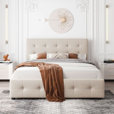 Upholstered Platform Bed with Classic Headboard and 4 Drawers - Bed Bath & Beyond - 36861266 Classic Headboard, Upholstered Storage Bed, Tufted Upholstered Headboard, Bed Platform, Queen Size Platform Bed, Queen Platform Bed, Simple Bed, Wood Platform Bed, Bed Slats