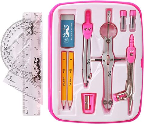 Geometry Box Design, Geometry Box Tools, Girl School Supplies, Math Tools, School Bag Essentials, Drafting Tools, School List, Stationary Supplies, Pink Office