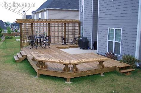 16x12 Deck, Low Deck Designs, Deck Benches, Landscaping Around Deck, Trellis Wall, Outdoor Deck Decorating, Backyard Decks, Deck Bench, Lattice Wall