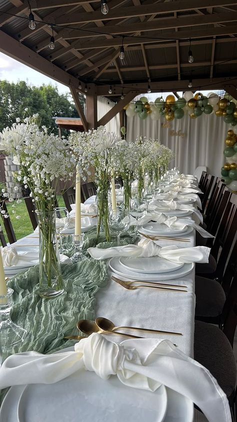 Green Cheese Cloth Table Runner Wedding, Bridal Shower Banquet Table, Bridal Shower Long Table, Green Gauze Table Runner Wedding, Elegant Bridal Shower Table Decor, Tables Without Chargers Wedding Ideas, Green Cheesecloth Table Runner Wedding, Sage Green Bridal Shower Table Ideas, Gauze Table Runner Wedding Round Tables