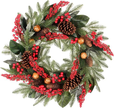 24 Inch Christmas Wreath Green Leaves Wreath for Front Door Artificial Eucalyptus Wreath with Berry and Pine Branches Christmas Decorations Indoor and Outdoor Holiday Decorations for Front Christmas Decorations Indoor, Wreath Hangers, Christmas Wreath For Front Door, Leaves Wreath, Artificial Christmas Wreaths, Artificial Eucalyptus, Pine Branches, Eucalyptus Wreath, Branch Decor