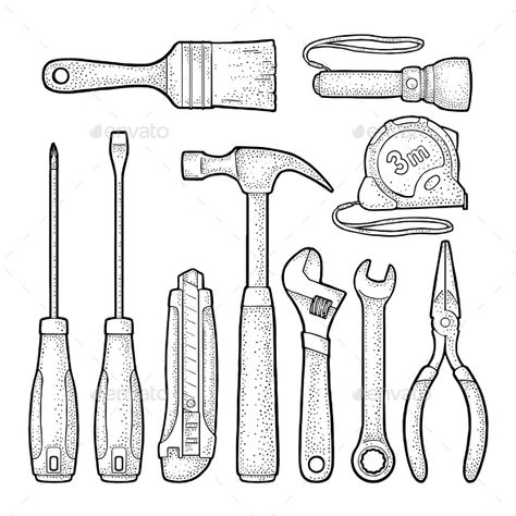 Set of Hardware Tools - Vector EPS. Download: https://graphicriver.net/item/set-of-hardware-tools/21712060?ref=ksioks Mechanic Tools Drawing, Tool Box Drawing, Hand Tools Drawing, Hammer Drawing, Key Knife, Tool Drawing, Tools Illustration, Steel Drawing, Minimal Shirt Design