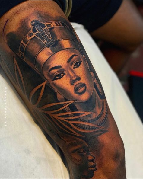 Goddess Tattoos For Women African, African Related Tattoos, Black Cleopatra Tattoo, Black Queen Tattoo Sleeve, Black African Queen Tattoo, Pisces Shoulder Tattoos For Women, African Leg Sleeve Tattoo, My Black Is Beautiful Tattoo, Afrocentric Tattoos For Women Sleeve