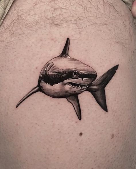 Get ready to dive into the world of shark tattoos and discover their unique symbolism and style. We invite you to learn more about their meaning, as well as choose a design that's right for you. Bruce Shark Tattoo, Scary Shark Tattoo, Great White Shark Tattoo Ideas, Great White Tattoo Shark, Shark Tattoo Watercolor, Shark Tattoos Men, Shark Tattoo Arm, Shark Leg Tattoo, Realistic Shark Tattoo