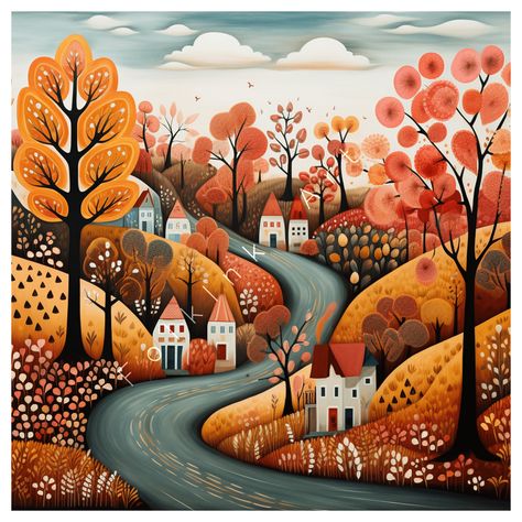 Fall Folk Art, Folklore Art, Folk Painting, Square Wall Art, Art Populaire, American Folk Art, Country Charm, Landscape Illustration, Naive Art