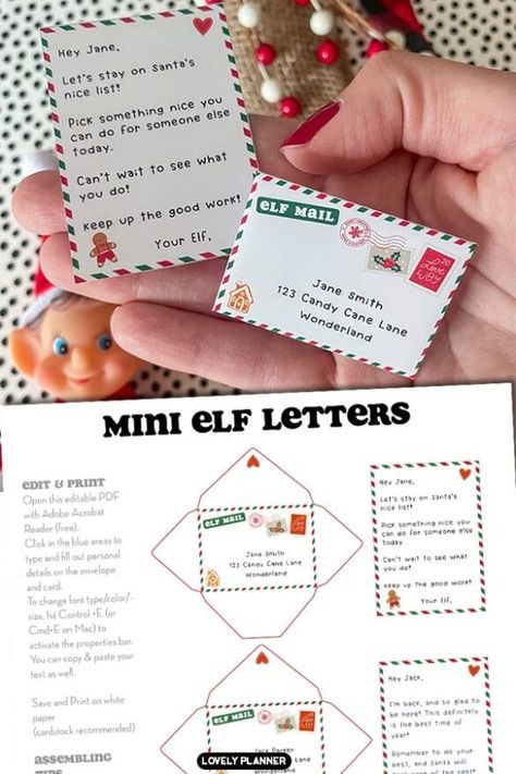 Editable PDF Free Printable Elf on the Shelf mini letters and envelopes that you can customize before you print. #christmas #elfontheshelf #elfnotes #elfprintable #elfletter #christmaself #ChristmasPrintable #lovelyplanner Elf On The Shelf Envelope, Elf On The Shelf Letter To Santa, Elf Notes To Kids Free Printable, Elf On The Shelf Printables Free, Christmas Stationary Printable, Elf On Shelf Printables, Printable Elf On The Shelf, Mini Letters, Elf Printables