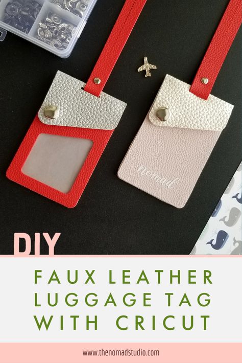 Diy Faux Leather Luggage Tags, Leather Circut Projects, Faux Leather Vinyl Projects, Sewing With Faux Leather Projects, Faux Leather Luggage Tag Cricut, Faux Leather Diy Crafts, Faux Suede Cricut Projects, Cute Cricut Projects Gift Ideas, Cricut Faux Leather Projects Diy