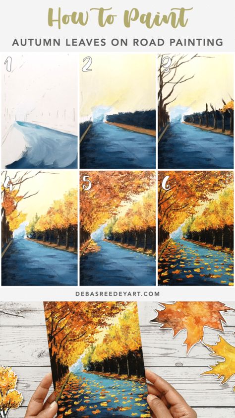 Fall Leaves Painting Easy, Acrylic Landscape Tutorial, Paint Autumn, Paint Leaves, Landscape Tutorial, Painting Methods, Road Painting, Knife Techniques, Fall Landscape