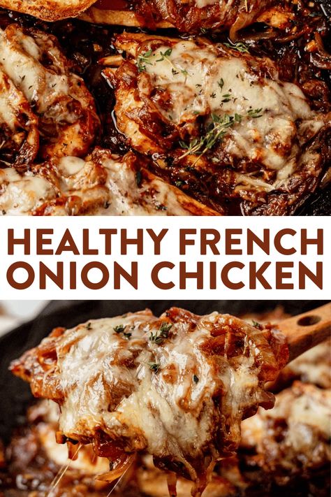 Take your favorite French onion soup recipe and turn it into a complete meal, filled with protein, in this french onion chicken. It's a level up from the delicious soup thanks to the tender chicken cooked and coated in sweet onion and cheese. Chicken And Rice Recipes French Onion, French Onion Chicken And Rice Bake, French Onion Chicken Thighs, French Onion Chicken Bake, Onion Chicken Bake, French Onion Chicken Casserole, Onion Soup Recipe, Baking Secrets, Dinner Choices