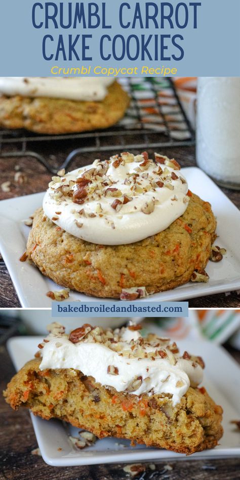 These copycat Crumbl carrot cake cookies are fluffy and kissed with a bit of spice. Then topped with a creamy cream cheese frosting , just like a cake but in cookie form.  via @Baked Broiled and Basted Crumbl Cookie Copycat Mallow Creme, Crumble Cookie Copycat Recipe Carrot Cake, Crumble Carrot Cake Cookie, Crumbl Carrot Cake Cookie Copycat, Crumbl Cookie Carrot Cake, Best Carrot Cake Cookies, Crumble Cookie Copycat Recipe Oatmeal, Crumbl Carrot Cake Cookies, Carrot Cake Crumble Cookies