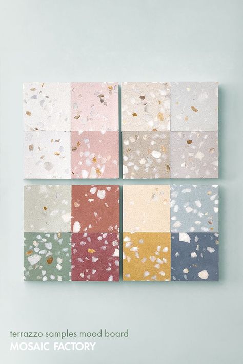 This terrazzo tile mood board unveils the newest line from Mosaic Factory’s Terrazzo collection: M5. With 18 different shades to choose from, the collection ranges from softer, pastel tones to strong, saturated hues. All perfect to adorn your floors with the promising durability and reliability that Terrazzo material guarantees you. Our terrazzo tiles are available in a variety of sizes, colours and shapes. Visit our website and customise your tiles or choose them directly from our online stock! Terazzo Floor Tiles, Pastel Terrazzo, Terazzo Floor, Colorful Terrazzo, Pretty Tiles, Terrazzo Design, Terrazzo Tile, Terrazzo Tiles, Terrazzo Flooring