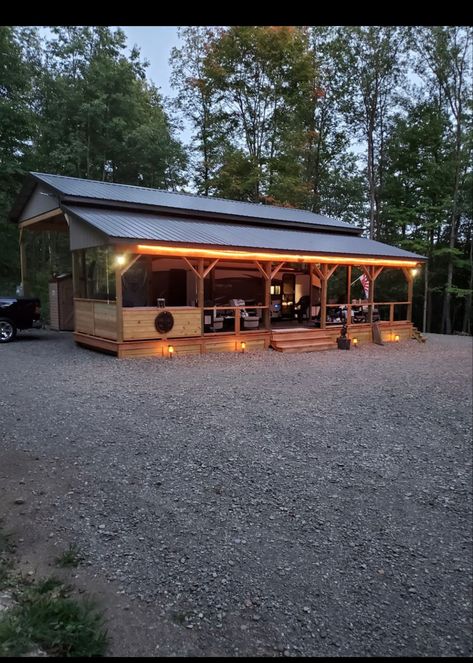 Camper Living On Land, Travel Trailer Covered Porch, Rv Storage Shed Ideas, Perminant Campsite Ideas, Camper Covers With Porch, Camper Shelters Travel Trailers, Rv Cover With Porch, Stationary Camper Ideas, Living In Camper While Building House